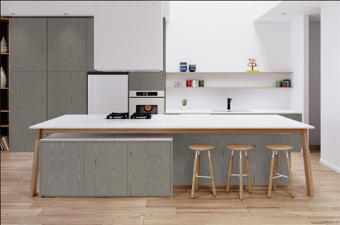 Tủ bếp sử dụng gỗ phủ Veneer màu Grey Oak