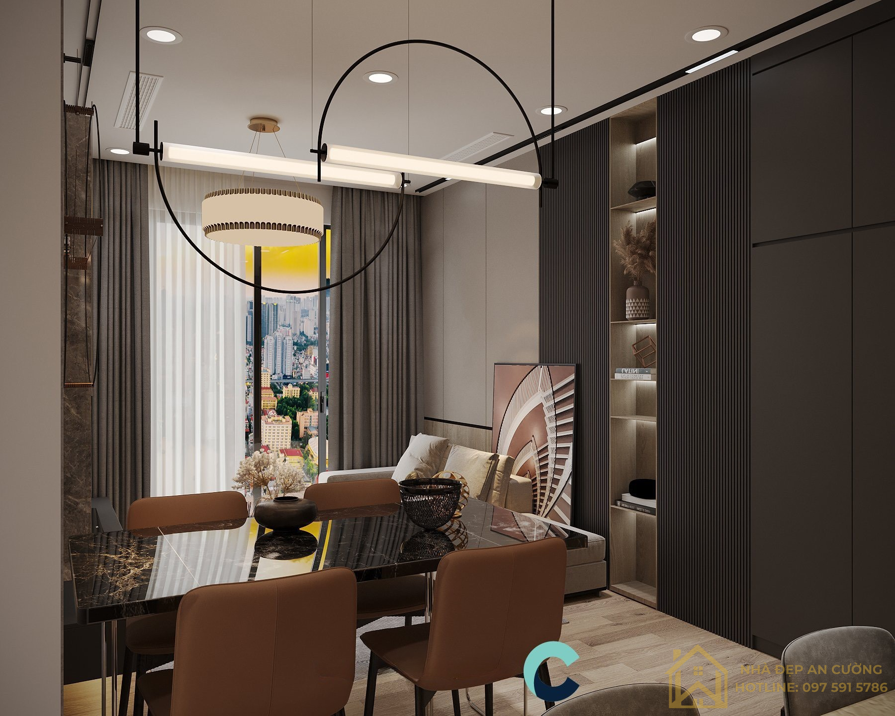 Bàn ăn mặt đá đen ghế da caramel đèn vòng tròn sắt đen căn hộ Imperia Smart City
