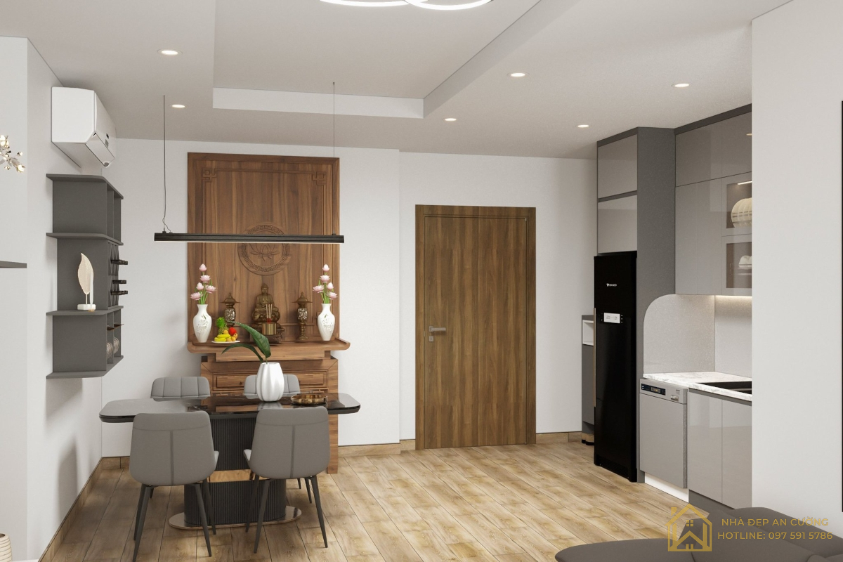 Bàn ăn mặt đá đen chân vàng đồng – kệ rượu trang trí căn hộ 3PN Ecopark Aqua Bay