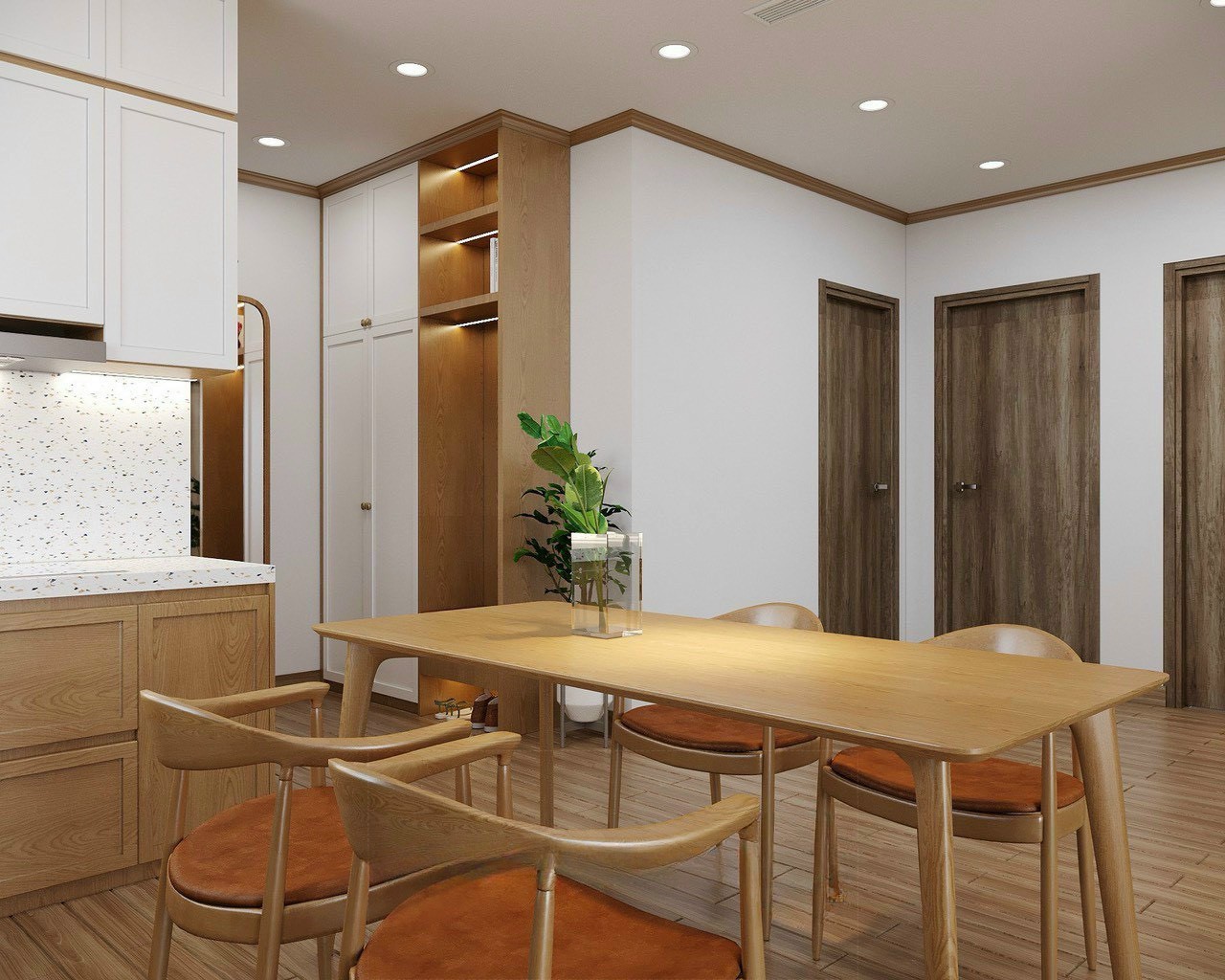 Bàn ăn gỗ sồi 6 chỗ ghế Bắc Âu đệm da caramel căn hộ Times City Park Hill