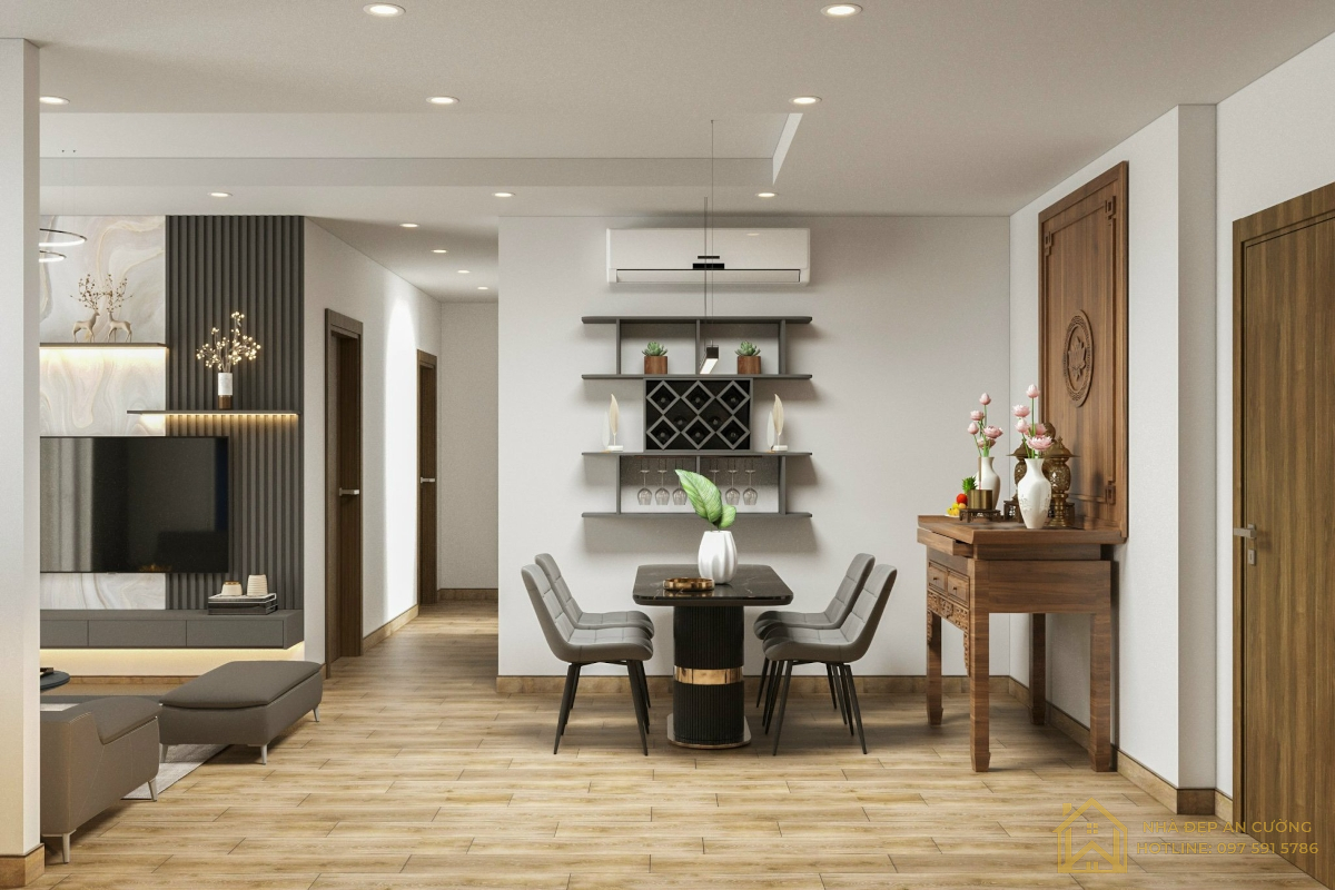 Bàn ăn và ban thờ gỗ óc chó tích hợp không gian phòng ăn căn hộ Ecopark Aqua Bay