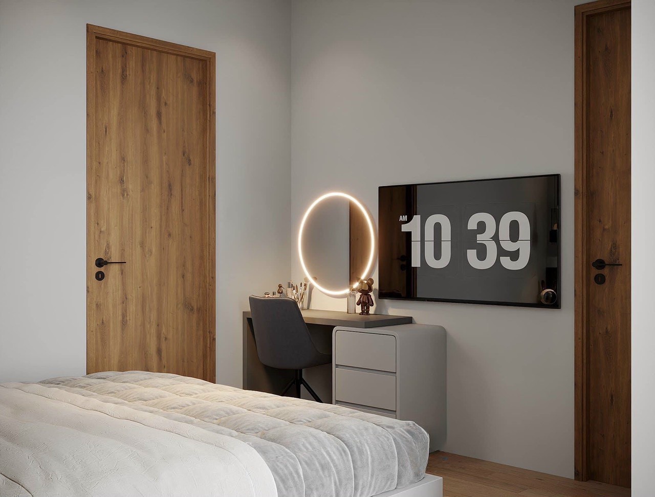 Bàn trang điểm gương LED oval phòng ngủ master nội thất căn hộ Vinhomes Smart City