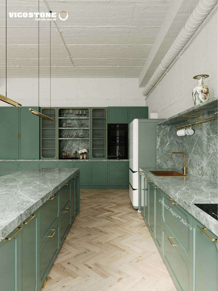 Đá quartz nhân tạo gốc thạch anh là loại đá nhân tạo phổ biến nhất trong thi công bếp hiện đại tại Việt Nam. Ưu điểm là độ cứng cao, chịu trầy xước, va đập tốt — phù hợp với bếp nấu nhiều