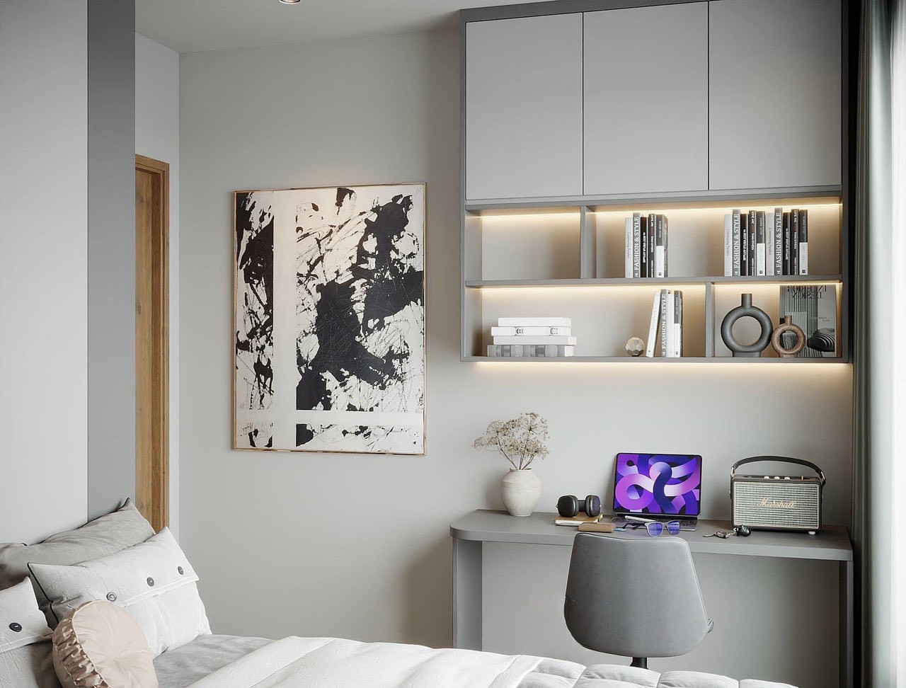 Góc làm việc phòng ngủ kết hợp kệ sách đèn LED nội thất căn hộ 2 phòng ngủ Hà Nội