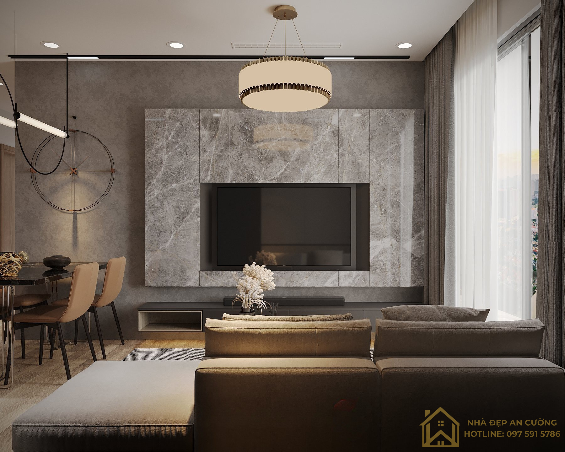Kệ tivi nổi xám vách đá marble tự nhiên căn hộ 2PN Imperia Smart City 80m²