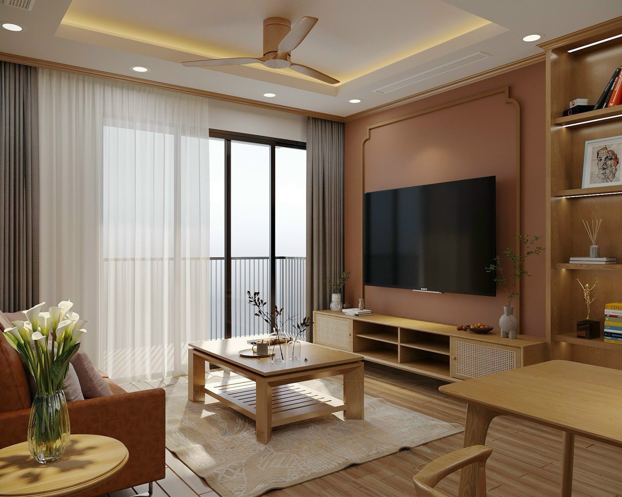 Kệ tivi gỗ sồi nan đan – tường terracotta căn hộ 2PN Times City Park Hill