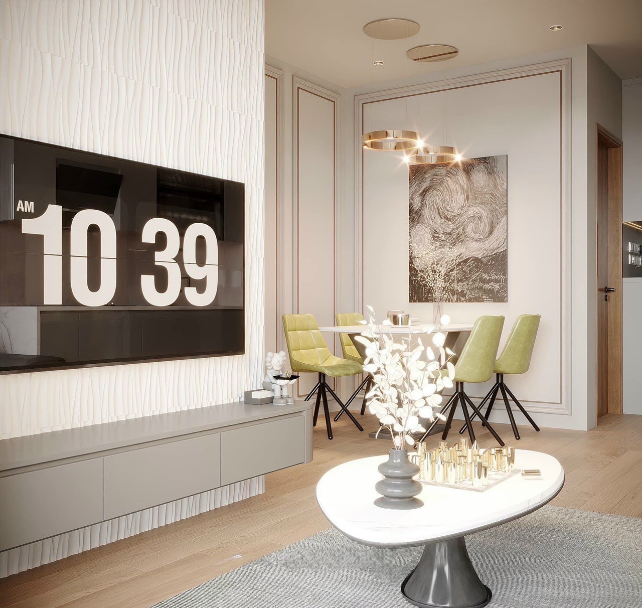 Kệ TV tường sóng nước 3D nội thất hiện đại căn hộ Vinhomes Smart City The Sapphire