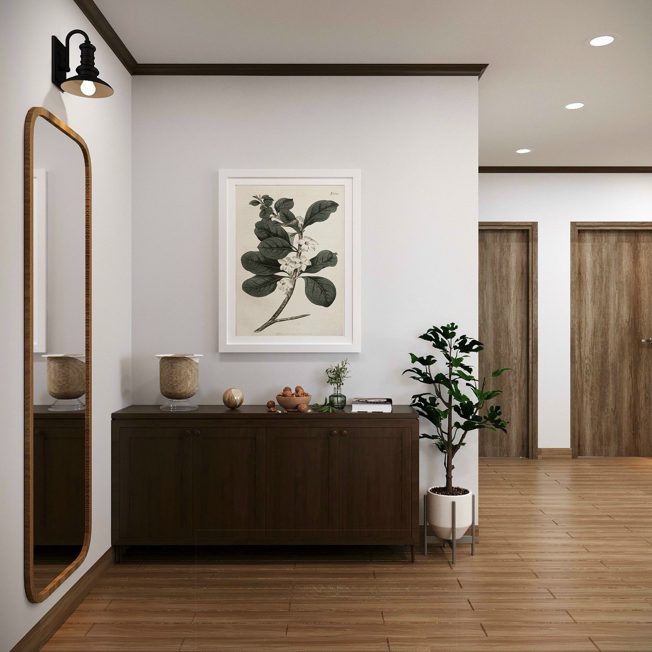 Lối vào căn hộ – tủ giày đèn Edison gương sàn khung gỗ vòm Times City Park Hill