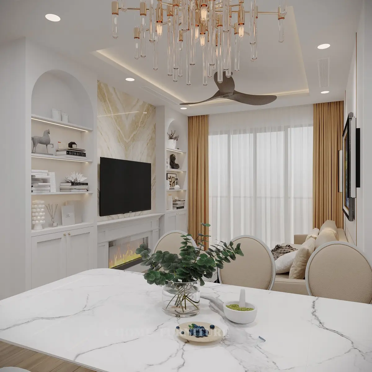 Thi công nội thất bàn ăn và phòng khách căn hộ 50 m2 tại Hà Nội