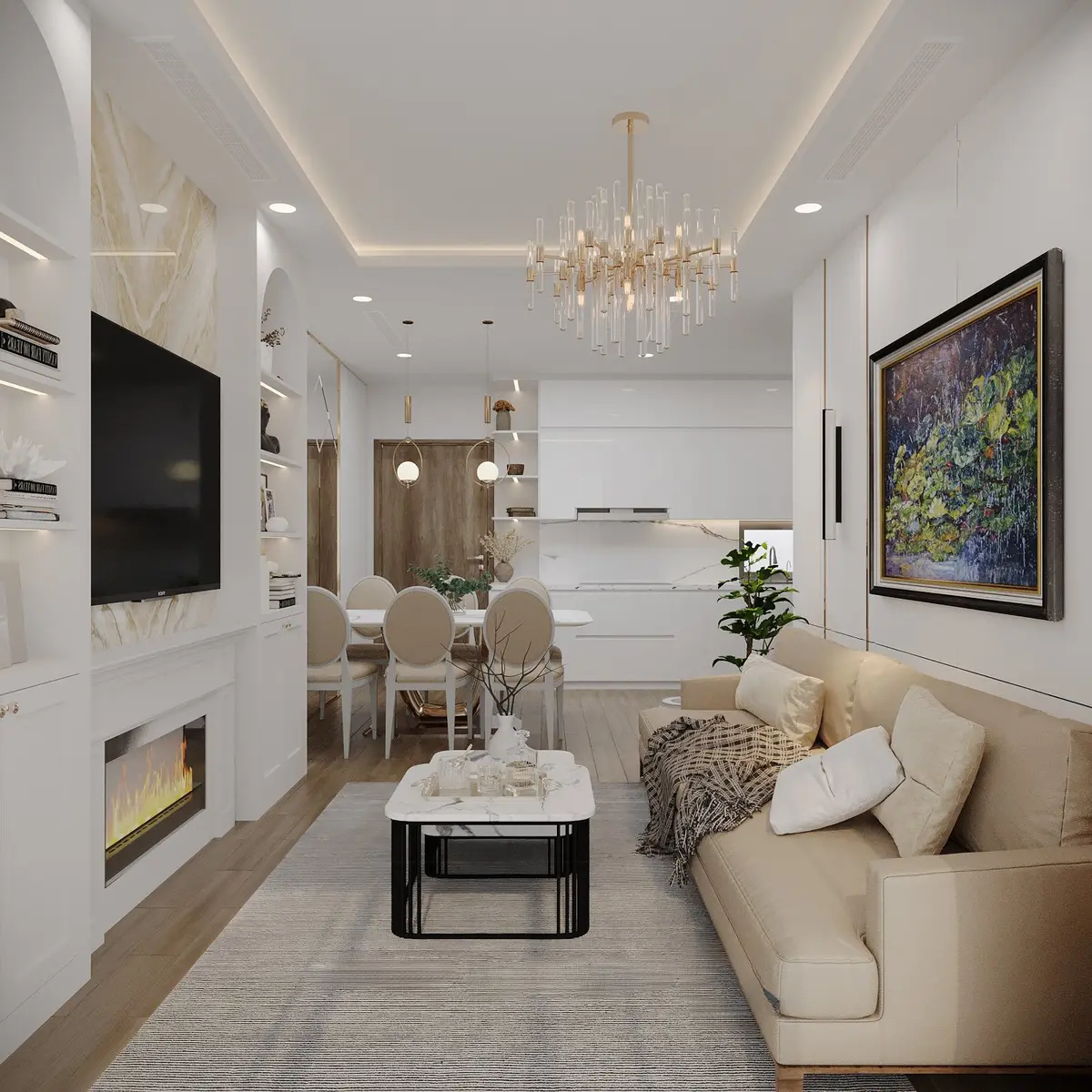 Thi công nội thất phòng khách phong cách bán cổ điển