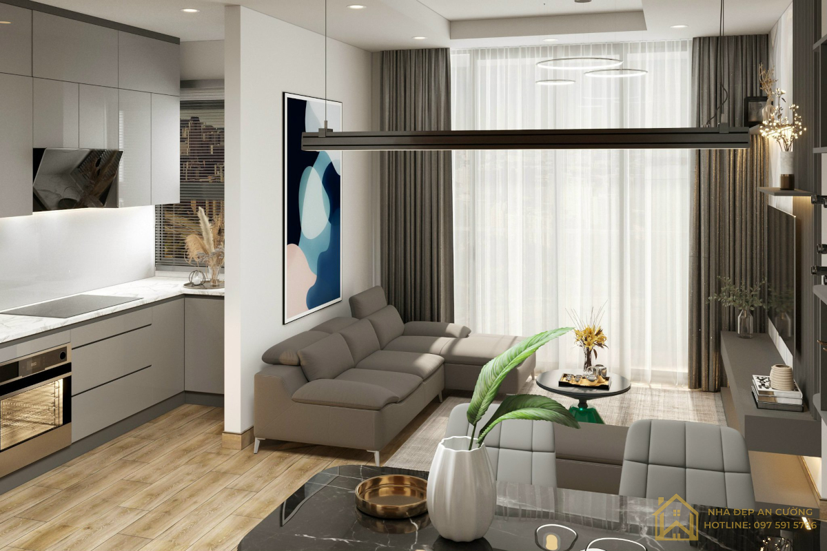 Không gian bếp mở kết nối phòng khách – tủ bếp Acrylic xám căn hộ Ecopark Aqua Bay