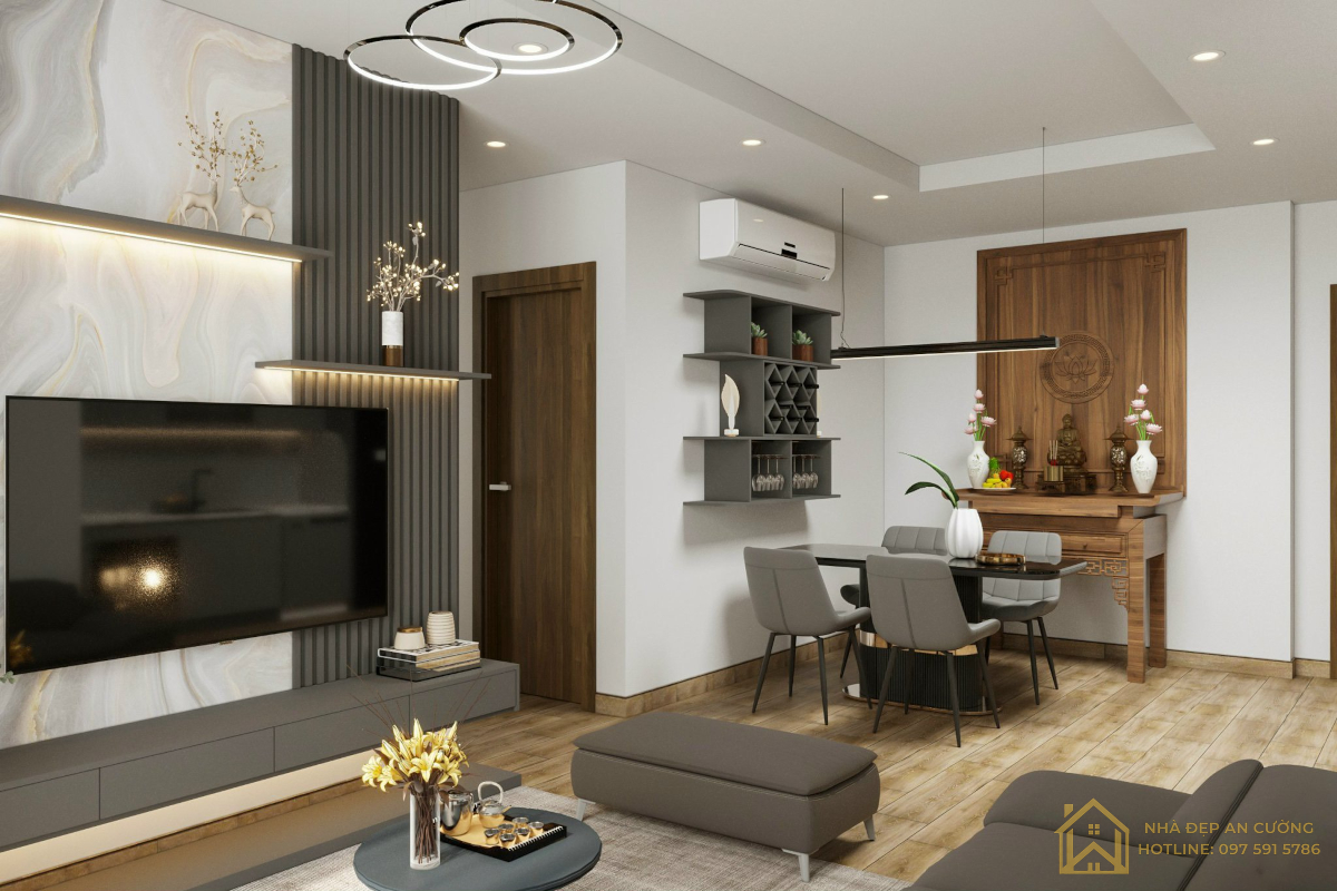 Góc phòng khách – bàn ăn – ban thờ gỗ óc chó căn hộ Ecopark Aqua Bay 90m²