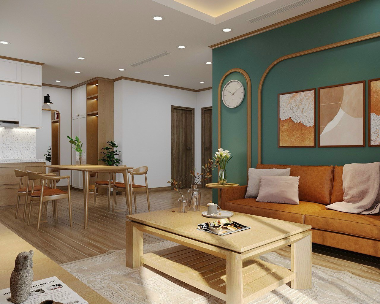 Phòng khách và khu bàn ăn nhìn từ góc tường xanh rêu – căn hộ 85m² Times City Park Hill