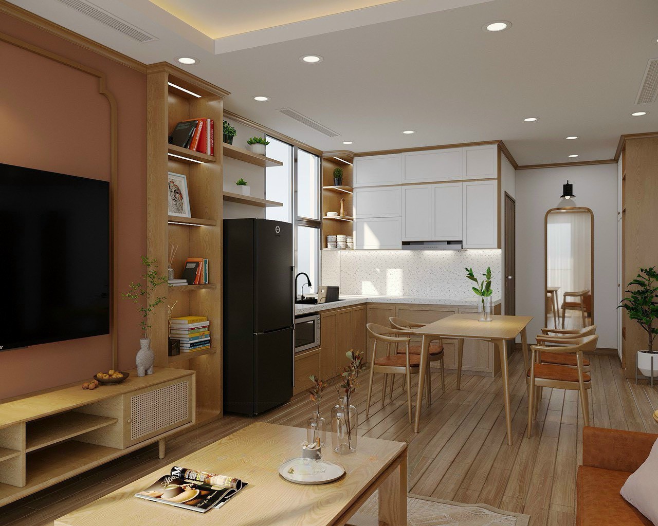 Không gian phòng khách – bếp mở gỗ sồi tủ trắng Shaker căn hộ Times City Park Hill