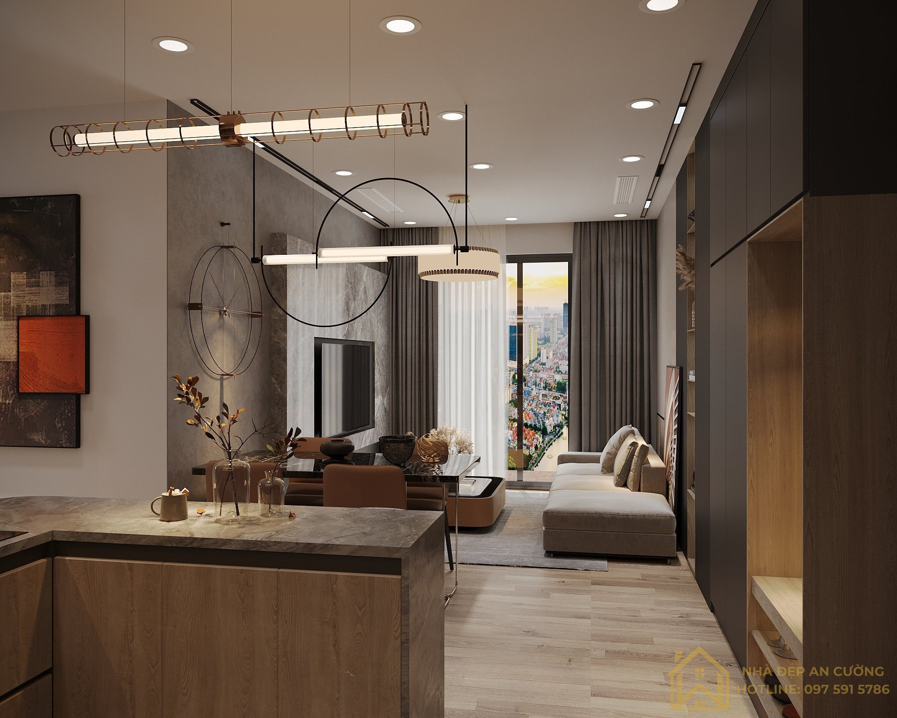 Toàn cảnh phòng khách – bàn ăn – bếp mở căn hộ 2 phòng ngủ Imperia Smart City