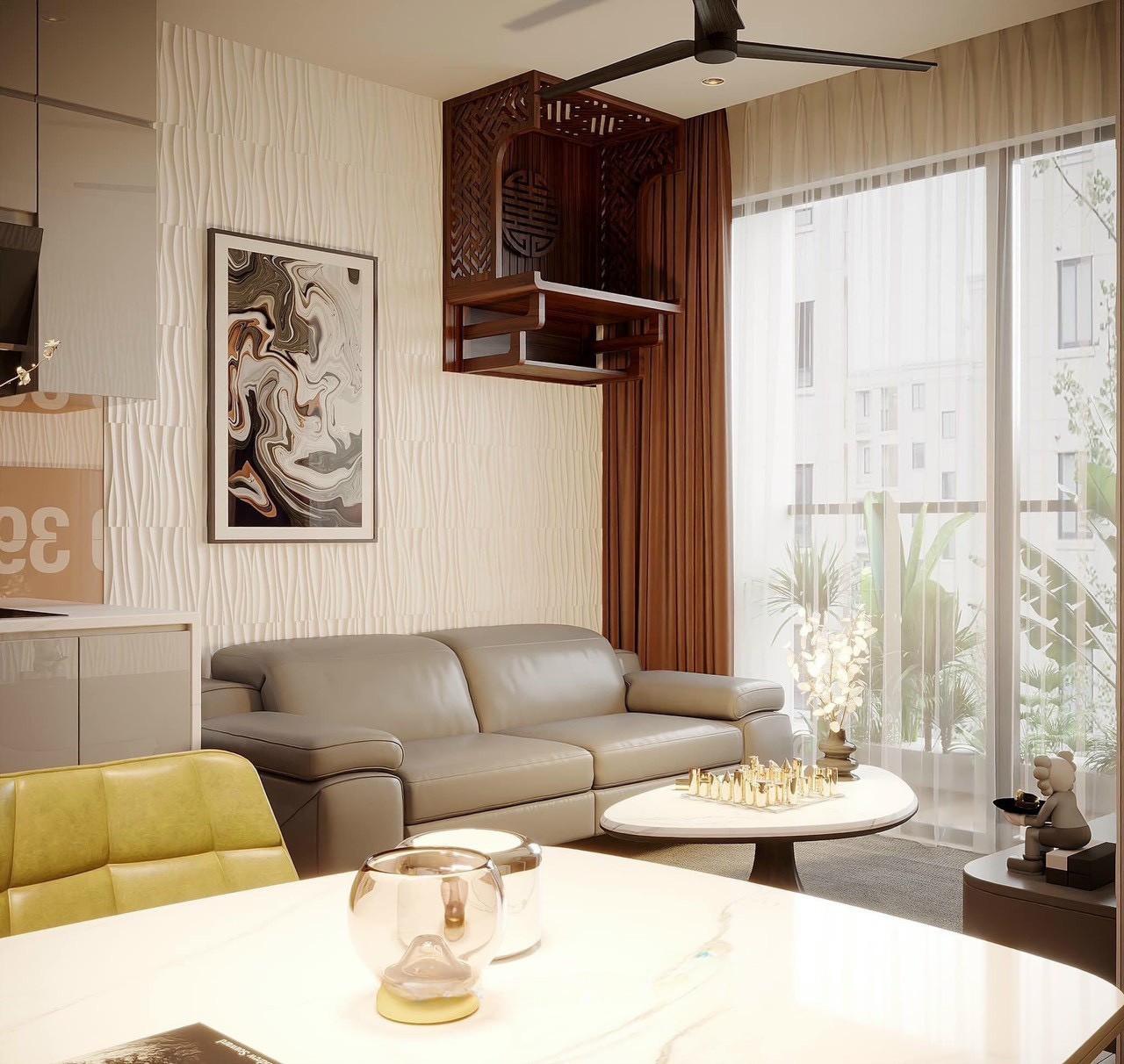 Phòng khách sofa greige tích hợp bàn thờ gỗ nội thất căn hộ 2 phòng ngủ Hà Nội