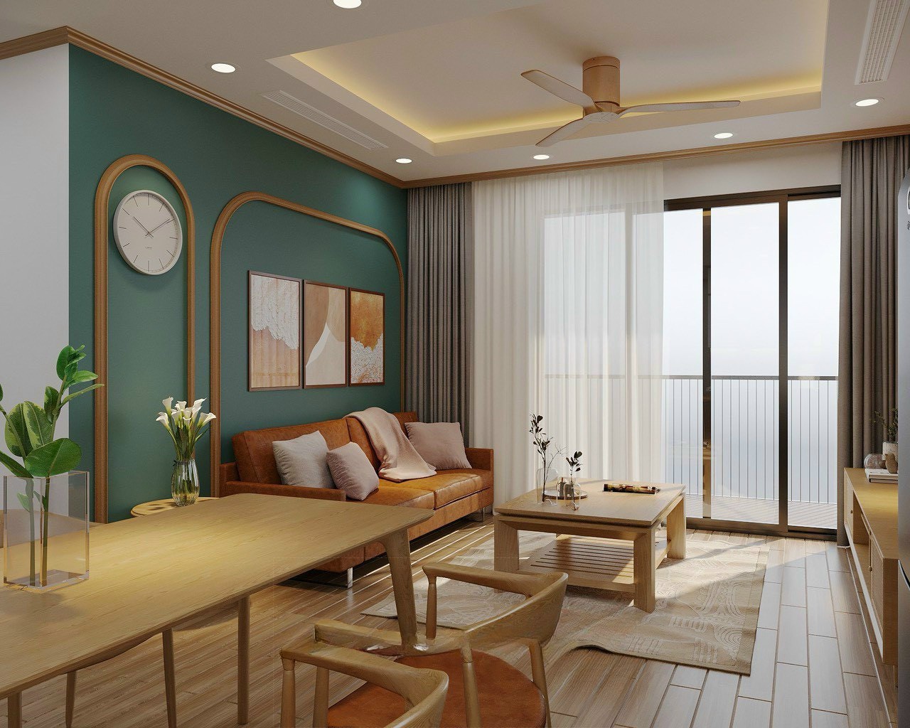 Phòng khách căn hộ Times City Park Hill – vách TV vòm cong gỗ tường terracotta ấm áp