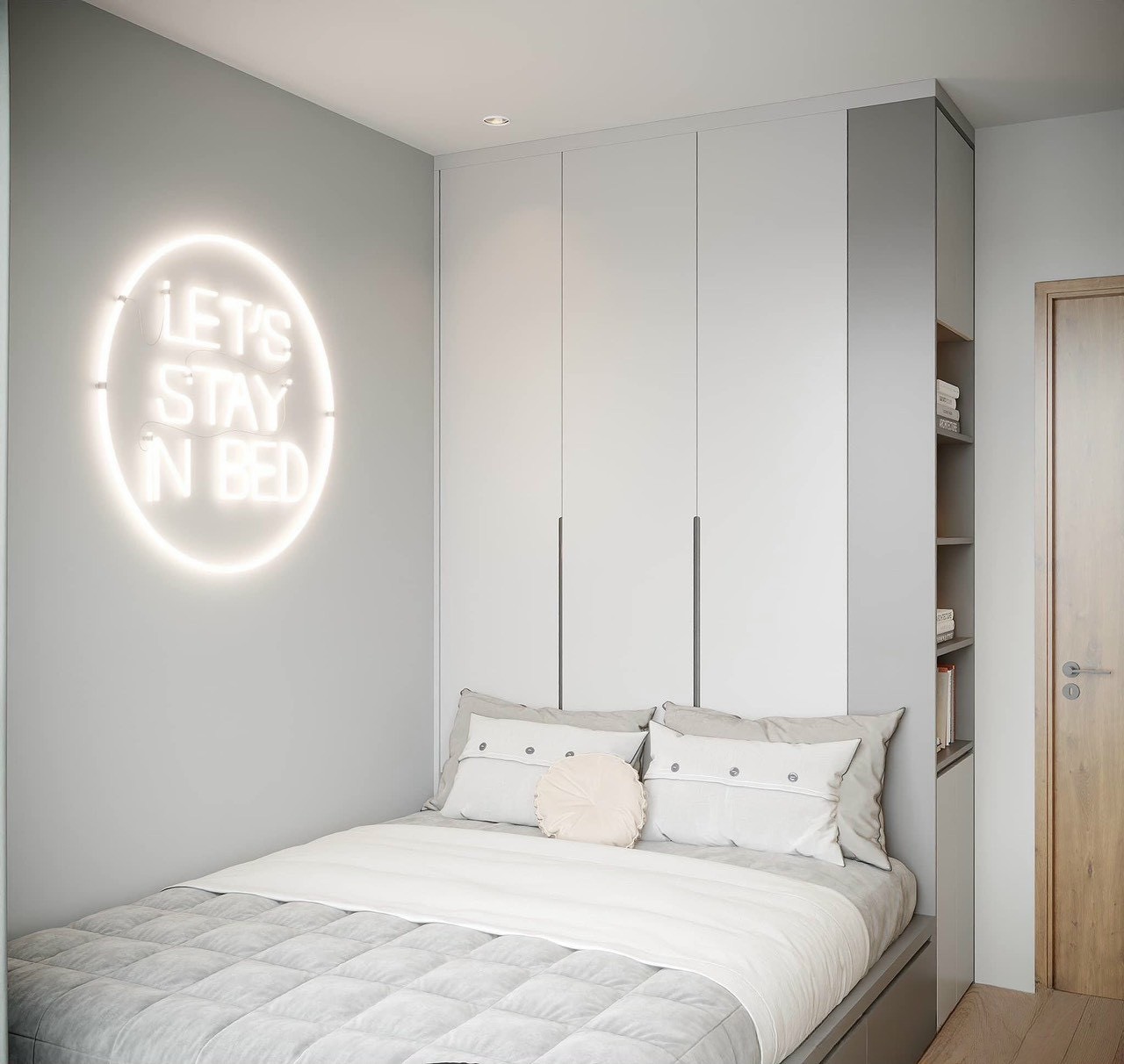 Phòng ngủ thứ 2 đèn neon tủ âm tường nội thất căn hộ 2 phòng ngủ Vinhomes Smart City