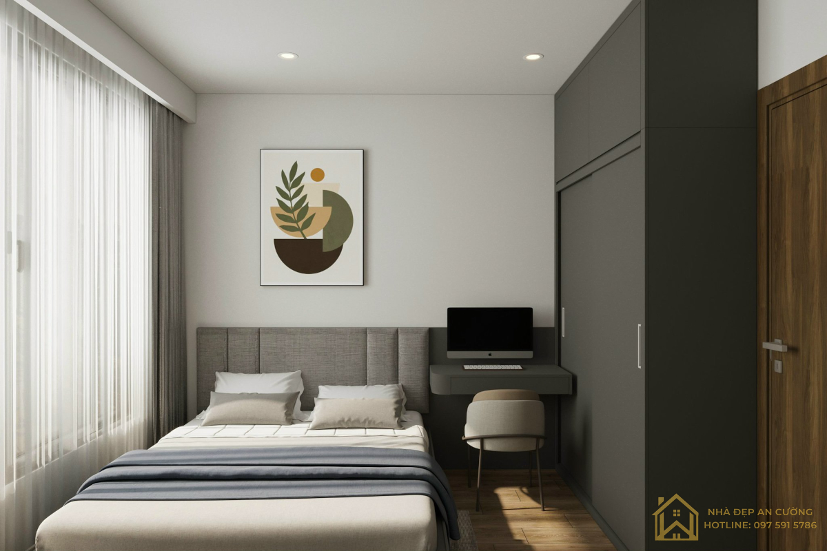Phòng ngủ nhỏ bố trí giường đơn và bàn làm việc tiết kiệm diện tích – Ecopark Aqua Bay