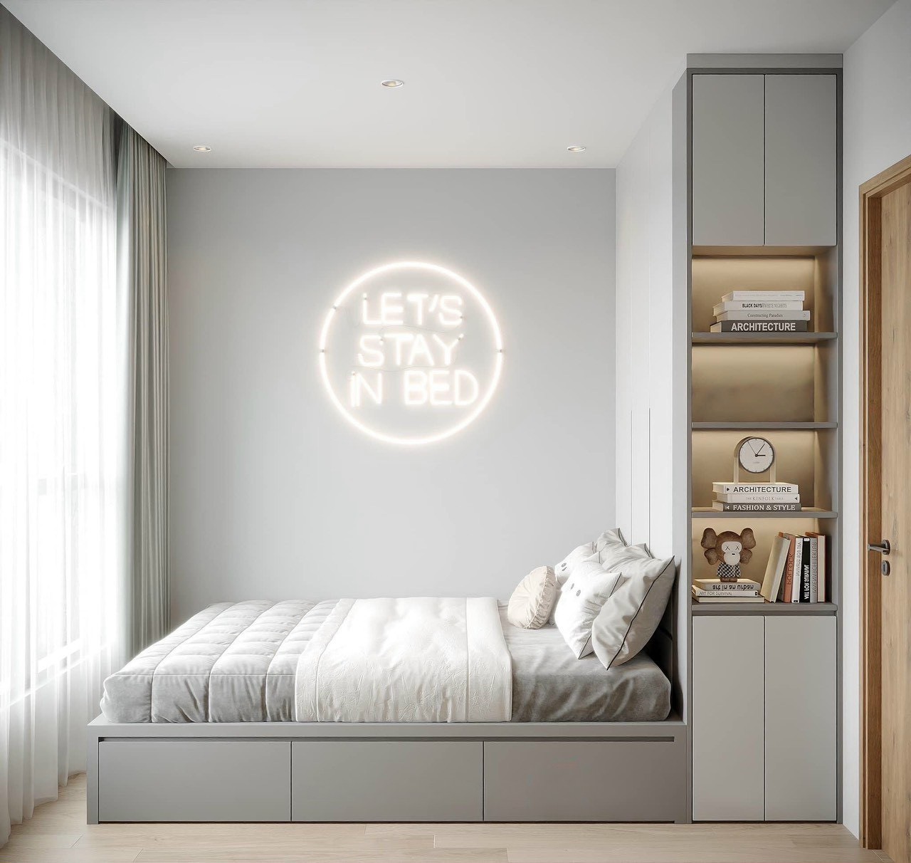 Phòng ngủ thứ 2 giường hộp có ngăn kéo đèn neon nội thất hiện đại Vinhomes Smart City