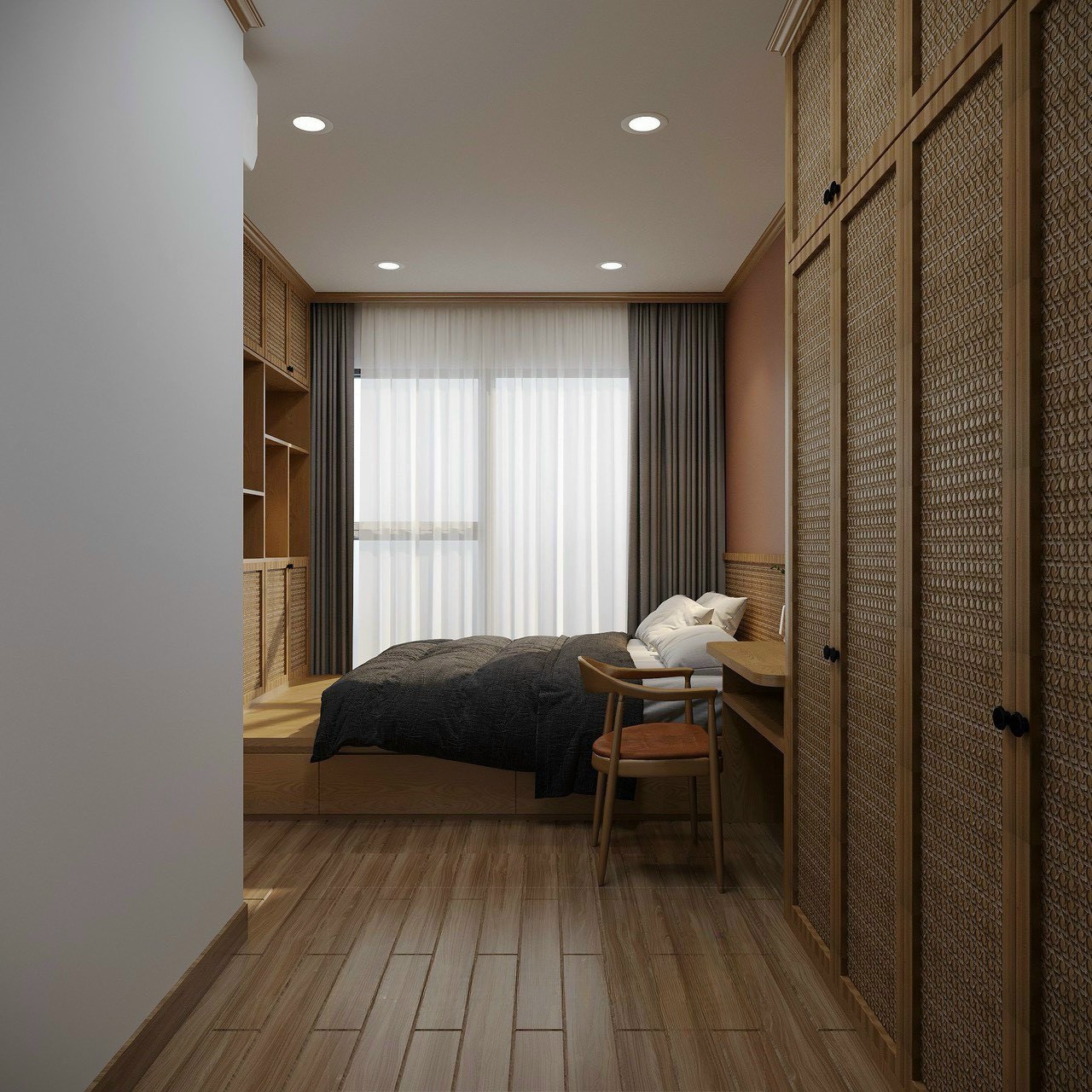 Phòng ngủ master phong cách Japandi – giường tatami gỗ tủ mây tre đan căn hộ Times City Park Hill