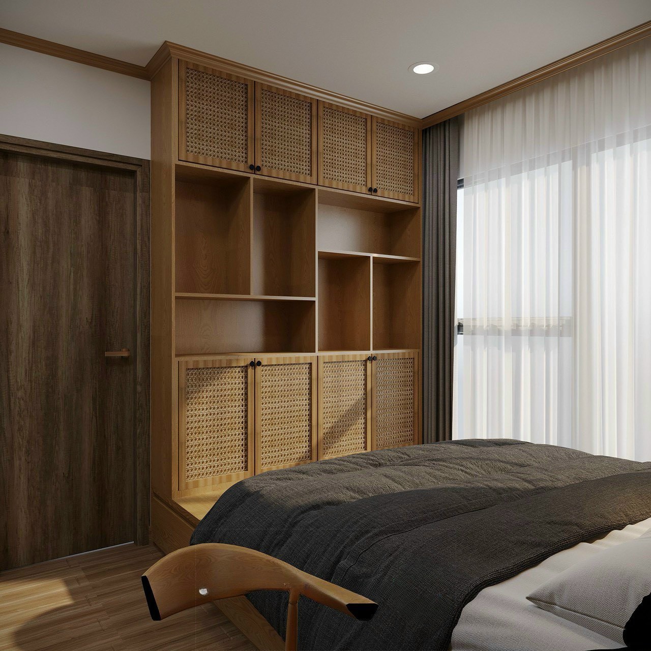 Tủ mây tre đan và kệ gỗ lưu trữ phòng ngủ master căn hộ 85m² Times City Park Hill