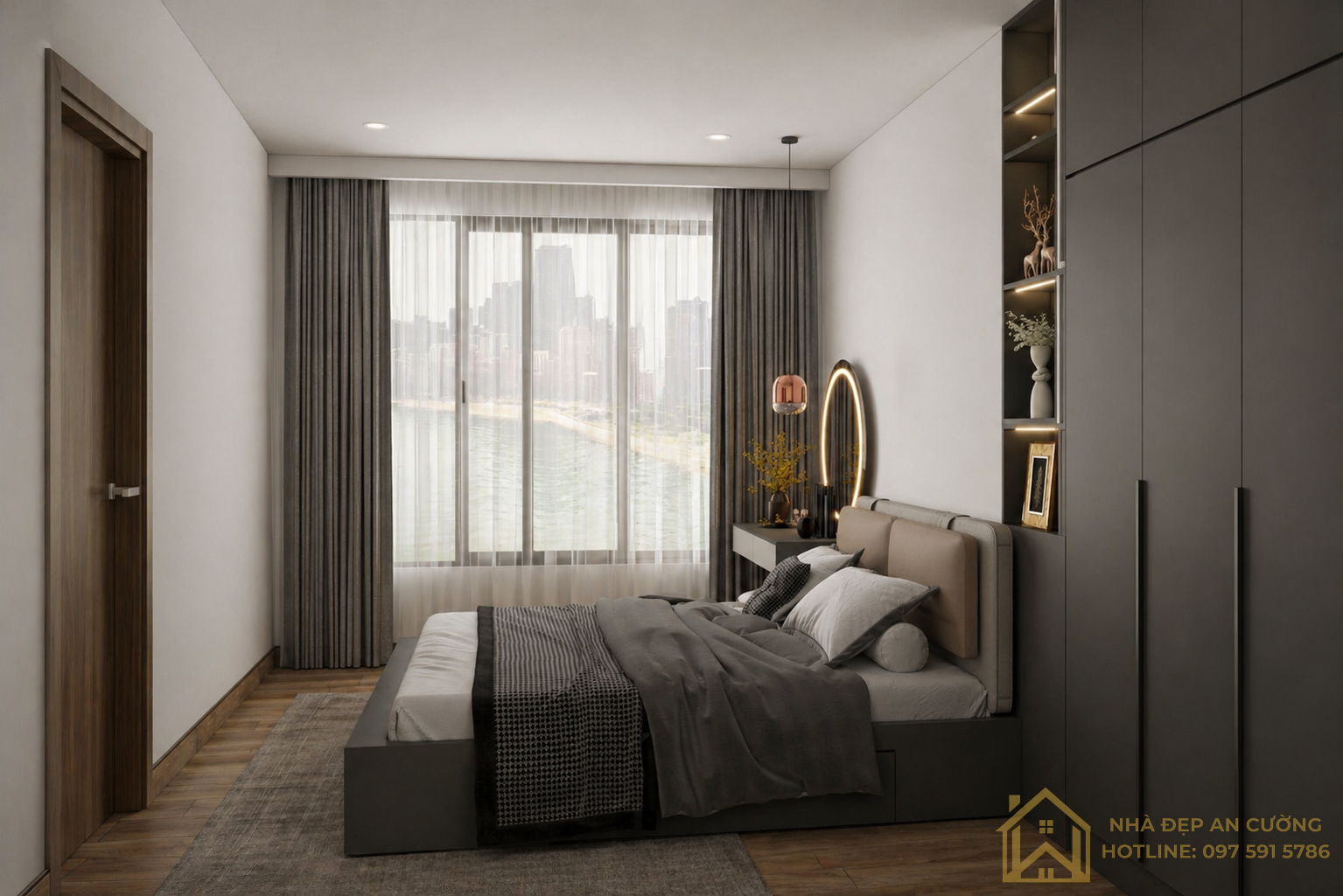 Phòng ngủ 2 tủ xám graphite đèn thả đồng rosé view thành phố Imperia Smart City