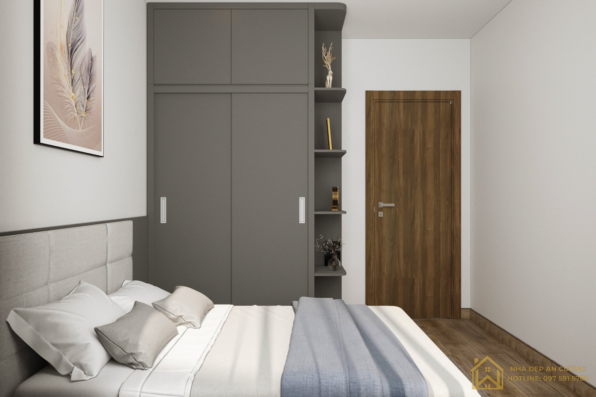 Phòng ngủ 3 giường đôi – kệ trang trí cạnh tủ căn hộ Warm Modern Ecopark Aqua Bay