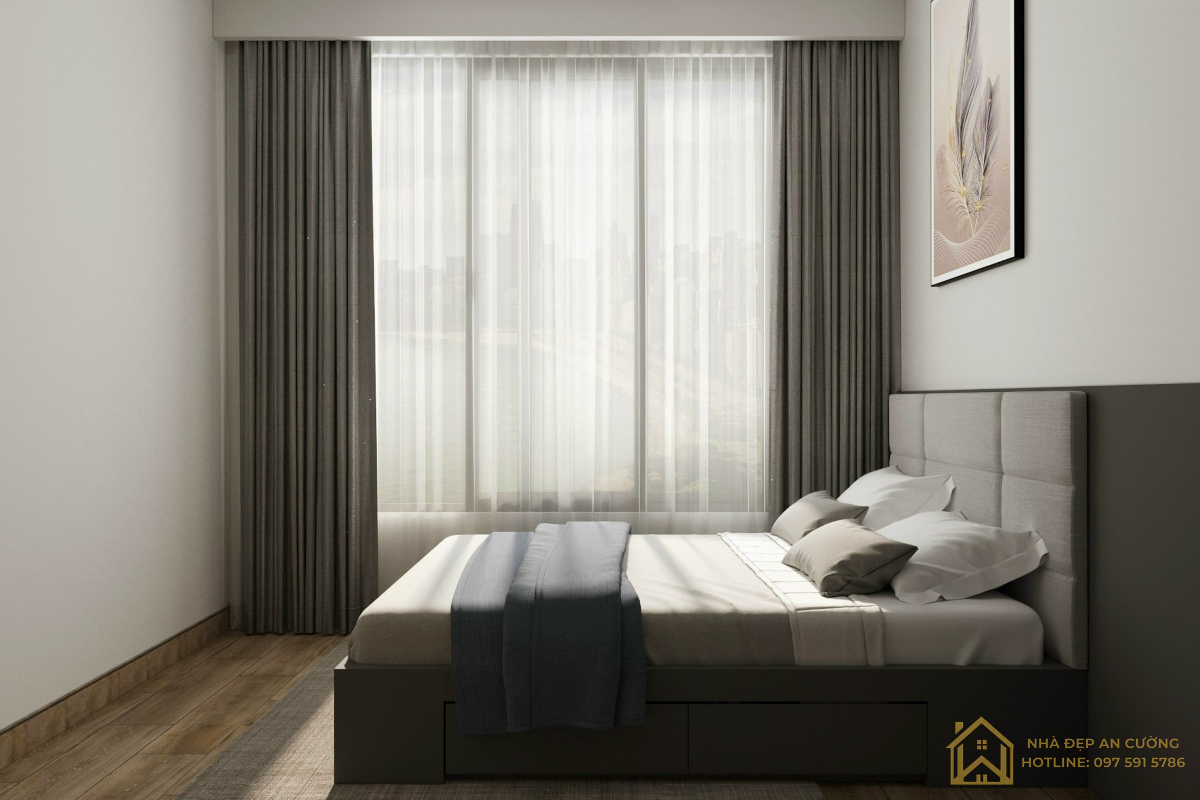 Góc cửa sổ phòng ngủ 3 – rèm vải lọc sáng tự nhiên căn hộ Ecopark Aqua Bay 90m²