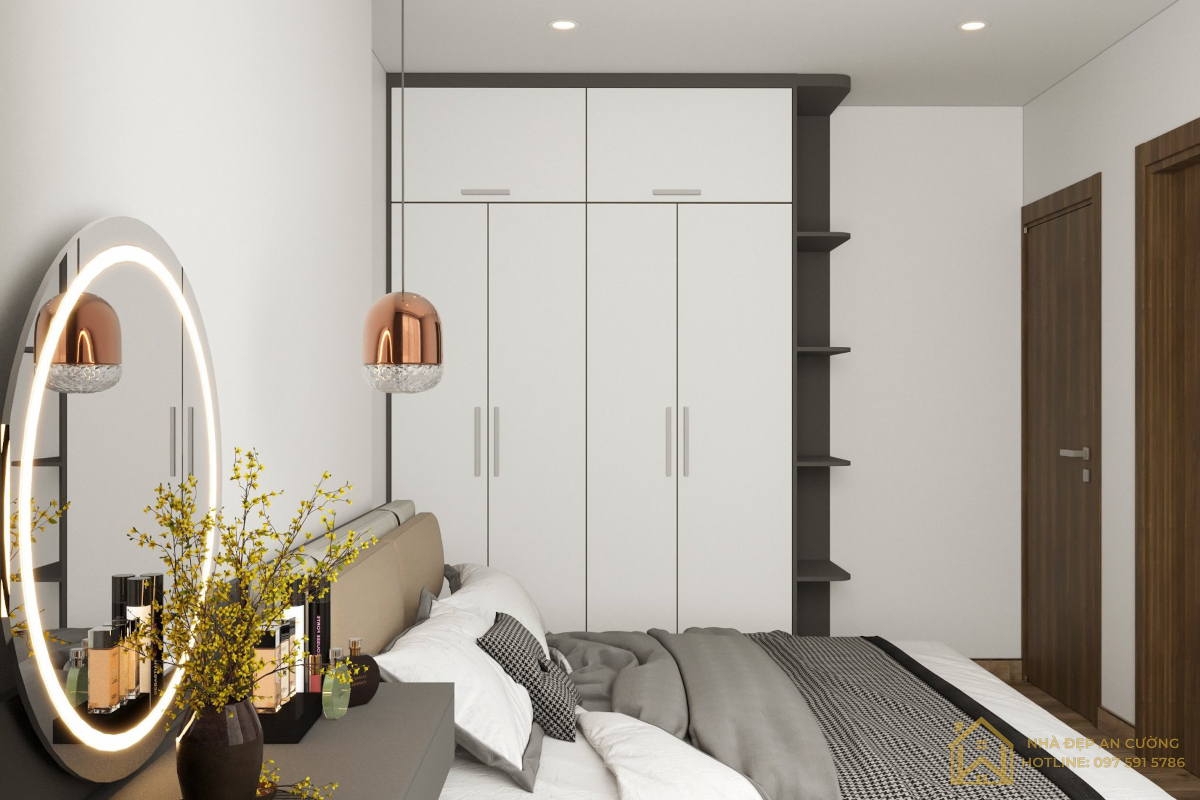 Bàn trang điểm và gương LED vòng rosé gold phòng ngủ master Ecopark Aqua Bay