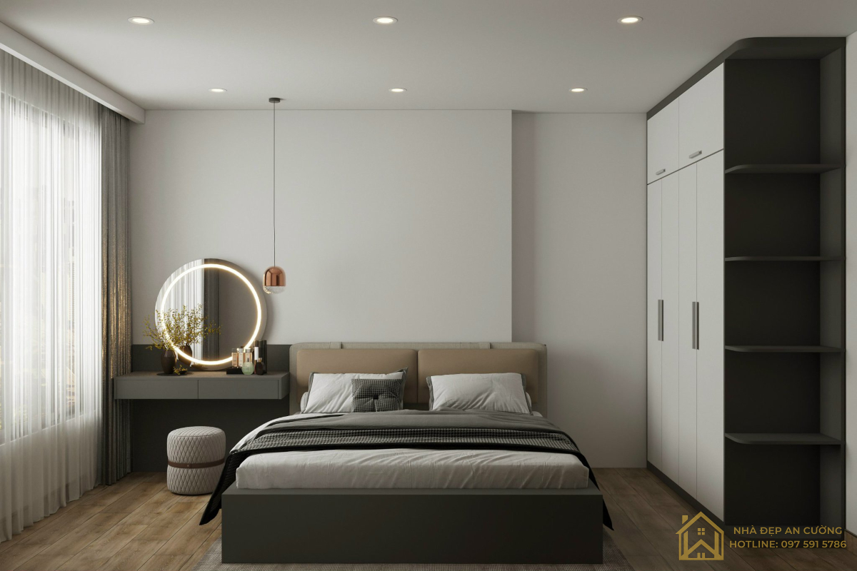 Phòng ngủ master căn hộ Ecopark Aqua Bay – tủ quần áo trắng sữa full-height kết hợp kệ mở xám