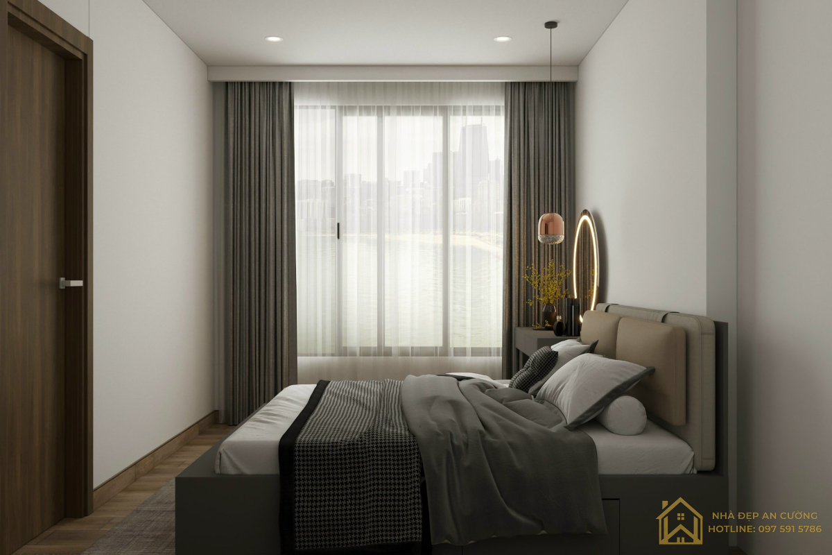 Phòng ngủ master nhìn từ góc cửa sổ – rèm linen xám lọc sáng căn hộ Ecopark Aqua Bay