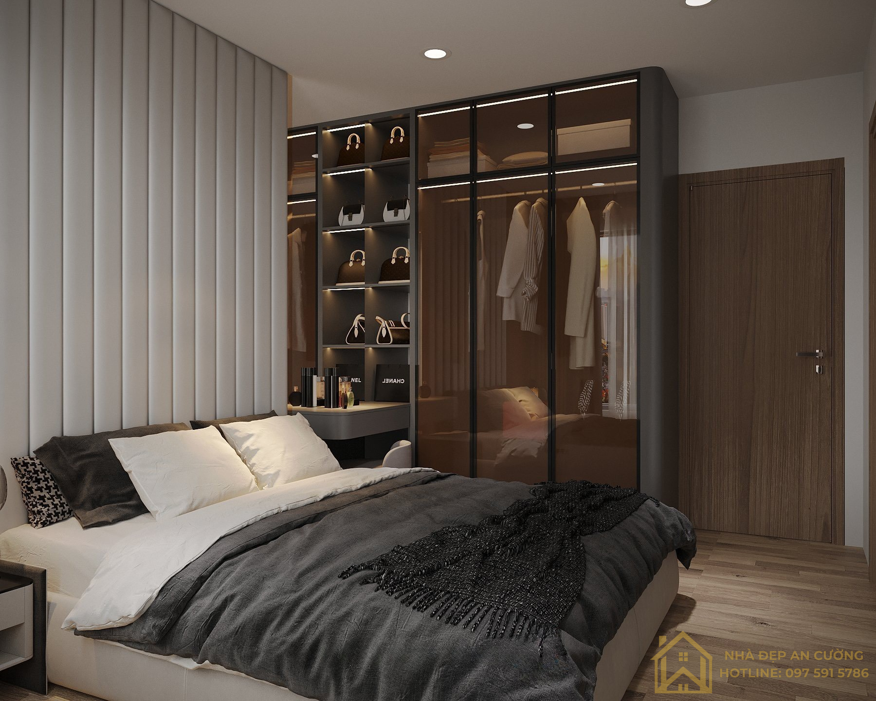 Phòng ngủ master vách lanh tô trắng tủ kính đồng khói bronze căn hộ Imperia Smart City