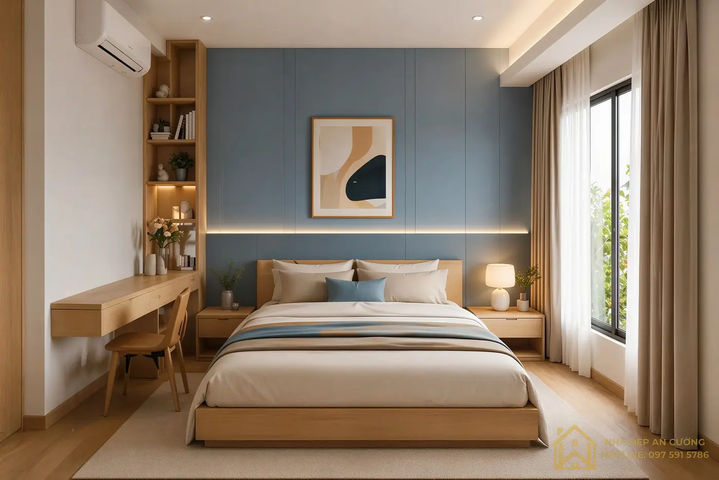 Thi Công Nội Thất Chung Cư 2 Phòng Ngủ tại Gamuda The One – Khi Xanh Xám Và Gỗ Tự Nhiên Kể Cùng Một Câu Chuyện