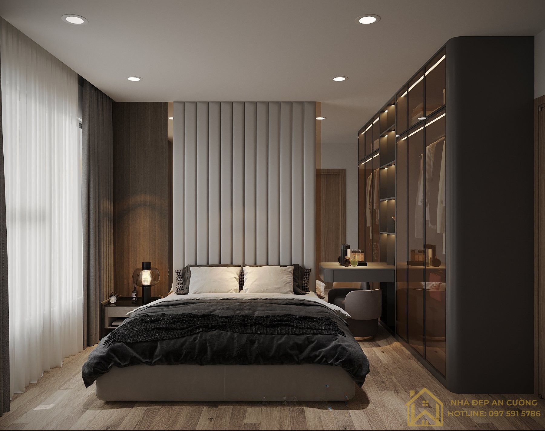 Toàn cảnh phòng ngủ master tủ kính bronze LED vách gỗ walnut Imperia Smart City 80m²