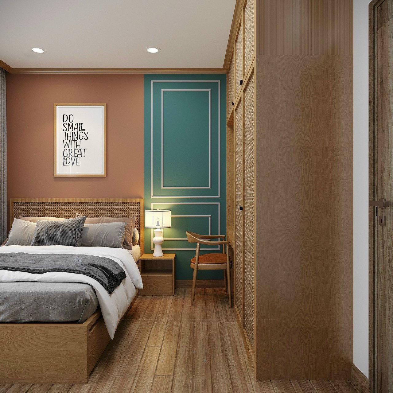 Hệ tủ mây tre đan kết hợp kệ mở đèn LED âm kệ phòng ngủ master Times City Park Hill 85m²