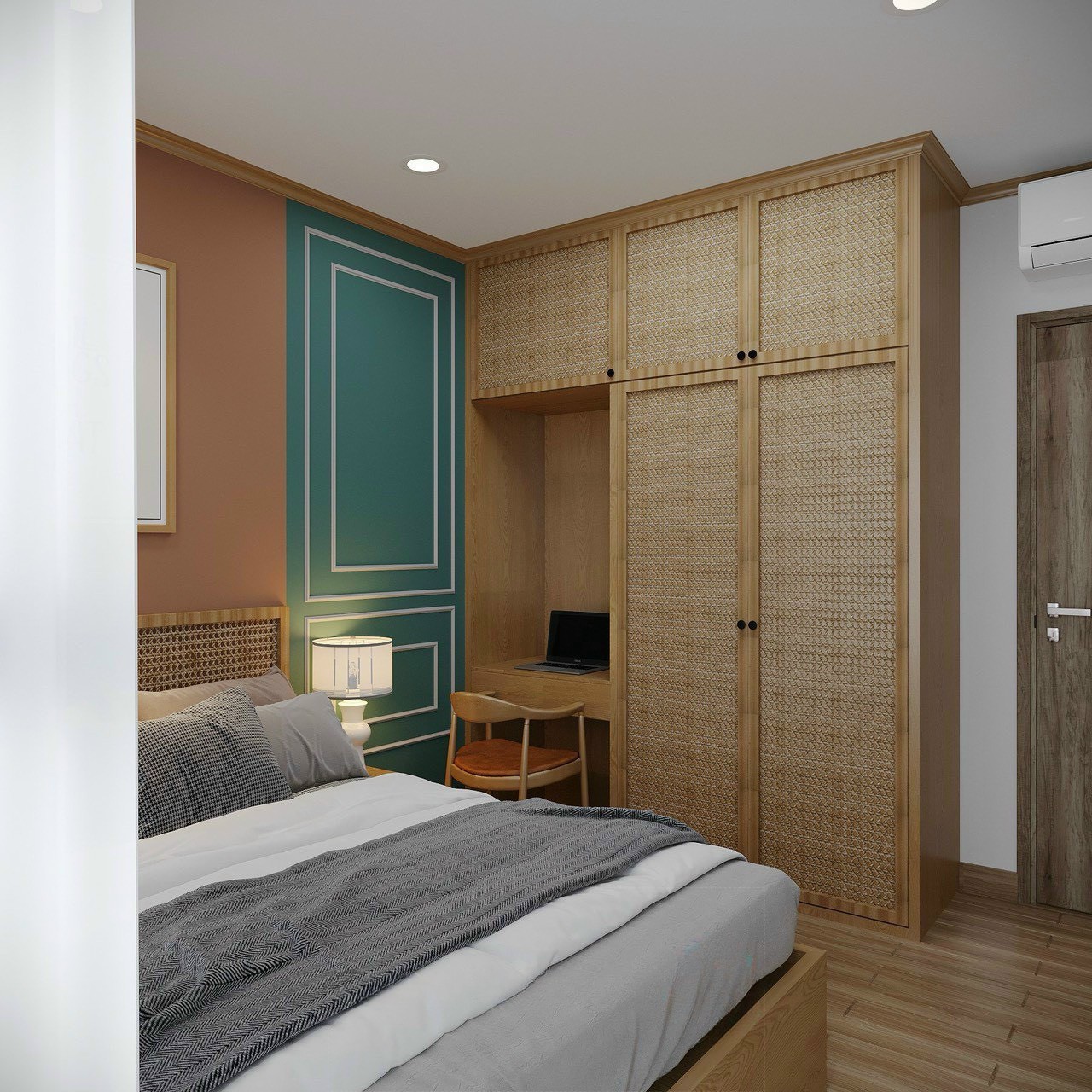 Tủ quần áo cánh mây tre đan và bàn trang điểm âm tường phòng ngủ master Times City Park Hill