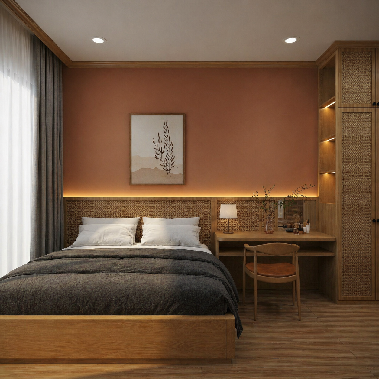 Phòng ngủ tường chia đôi xanh rêu – terracotta cánh tủ mây tre đan Times City Park Hill