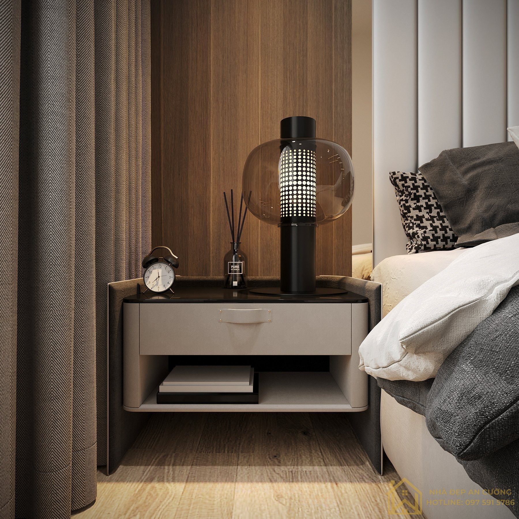 Tủ đầu giường mặt đá đen đèn nghệ thuật vách gỗ walnut phòng ngủ master Imperia Smart City