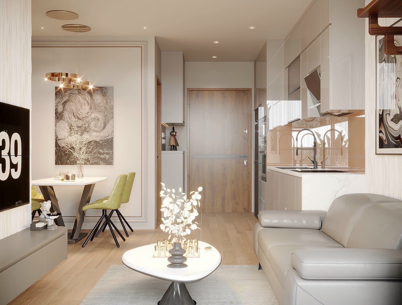 Thi công nội thất phòng khách và bếp căn hộ 2 phòng ngủ 60m2 Vinhomes Smart City Hà Nội