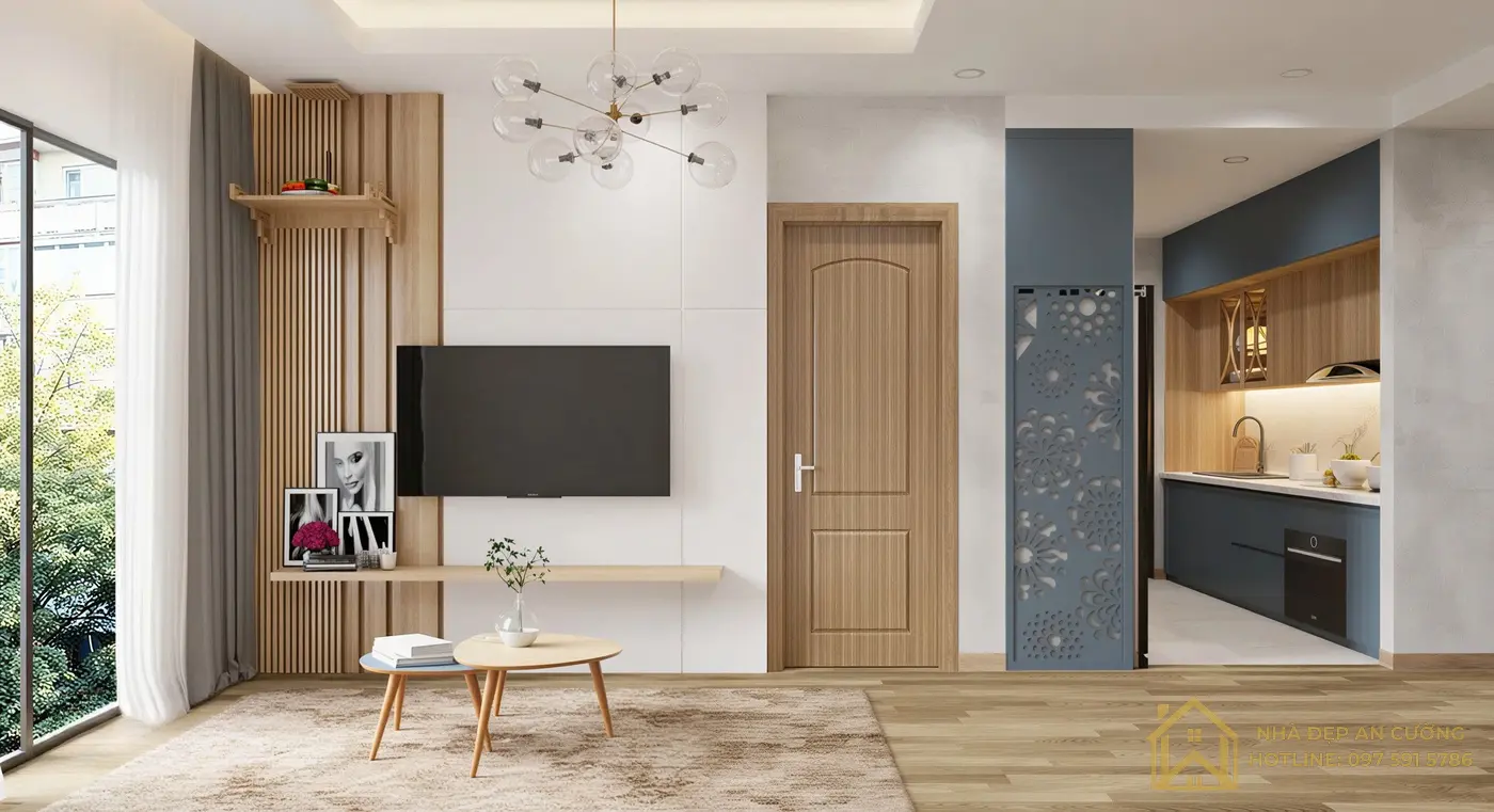Thi công nội thất phòng khách tường TV gỗ thanh lam căn hộ Gamuda The One Hà Nội