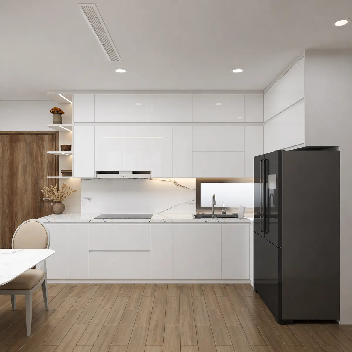 Thi công nội thất nhà bếp chất liệu gỗ An Cường bề mặt acrylic trắng