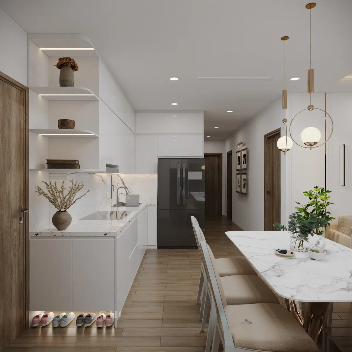 Thi công nội thất nhà bếp chất liệu gỗ An Cường bề mặt acrylic trắng