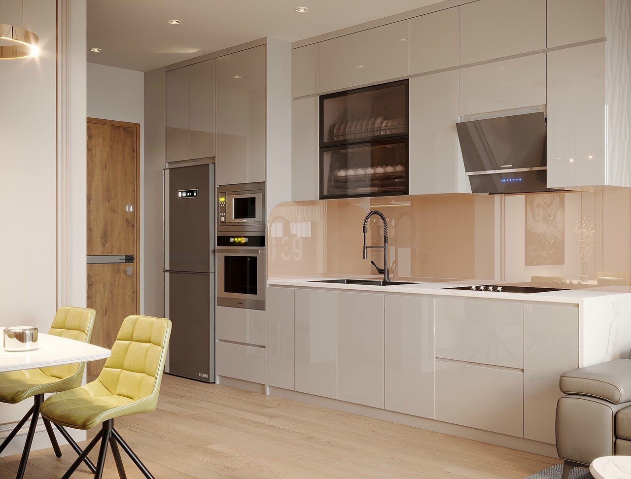 Tủ bếp Acrylic greige cao cấp nội thất căn hộ 2 phòng ngủ Vinhomes Smart City Hà Nội