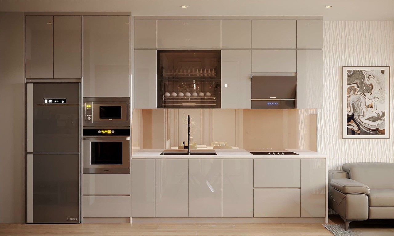 Tủ bếp Acrylic greige toàn cảnh nội thất thi công chung cư Vinhomes Smart City Hà Nội