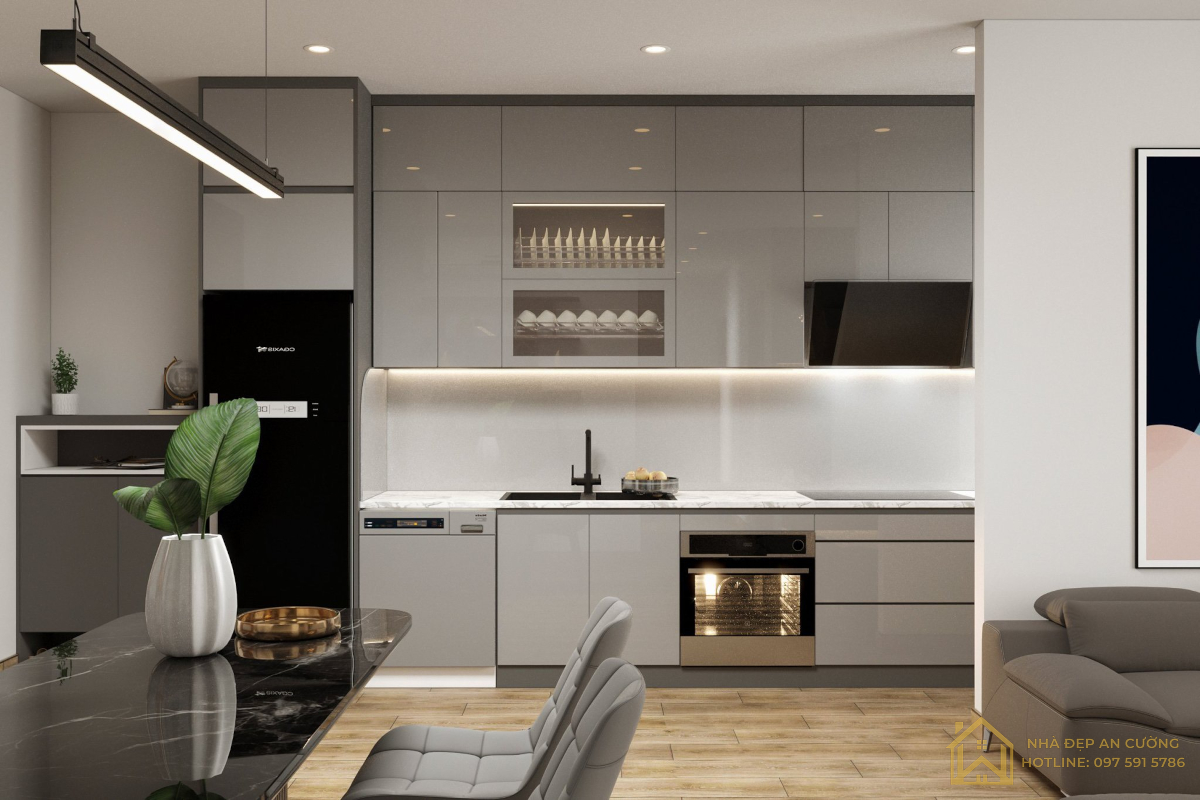Hệ tủ bếp cao sát trần Acrylic xám – tủ lạnh âm tủ căn hộ 3 phòng ngủ Ecopark Aqua Bay