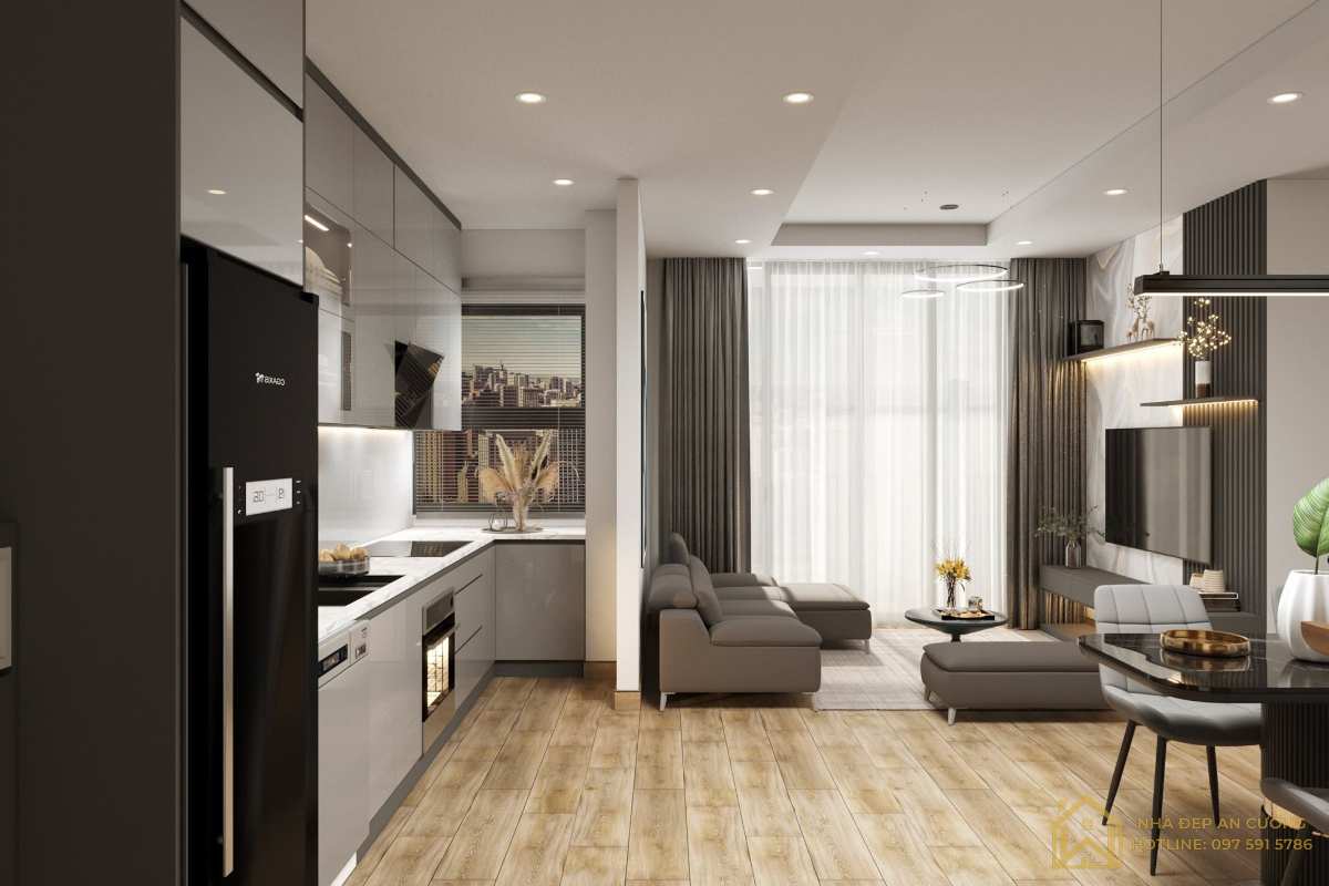 Hệ tủ bếp cao sát trần Acrylic xám – tủ lạnh âm tủ căn hộ 3 phòng ngủ Ecopark Aqua Bay