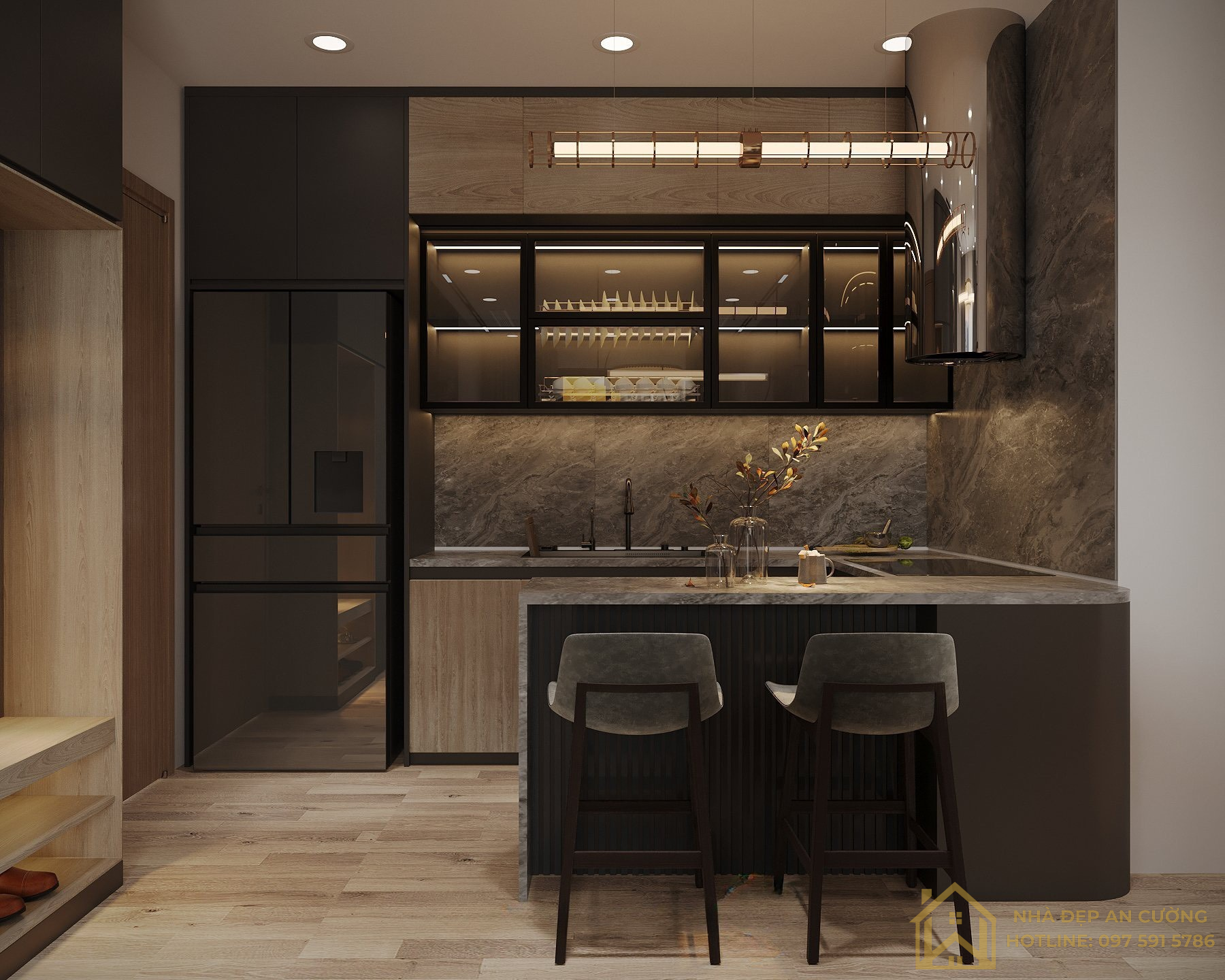 Tủ bếp kính đồng khói đèn LED và bàn đảo bo cong mặt đá xám Imperia Smart City