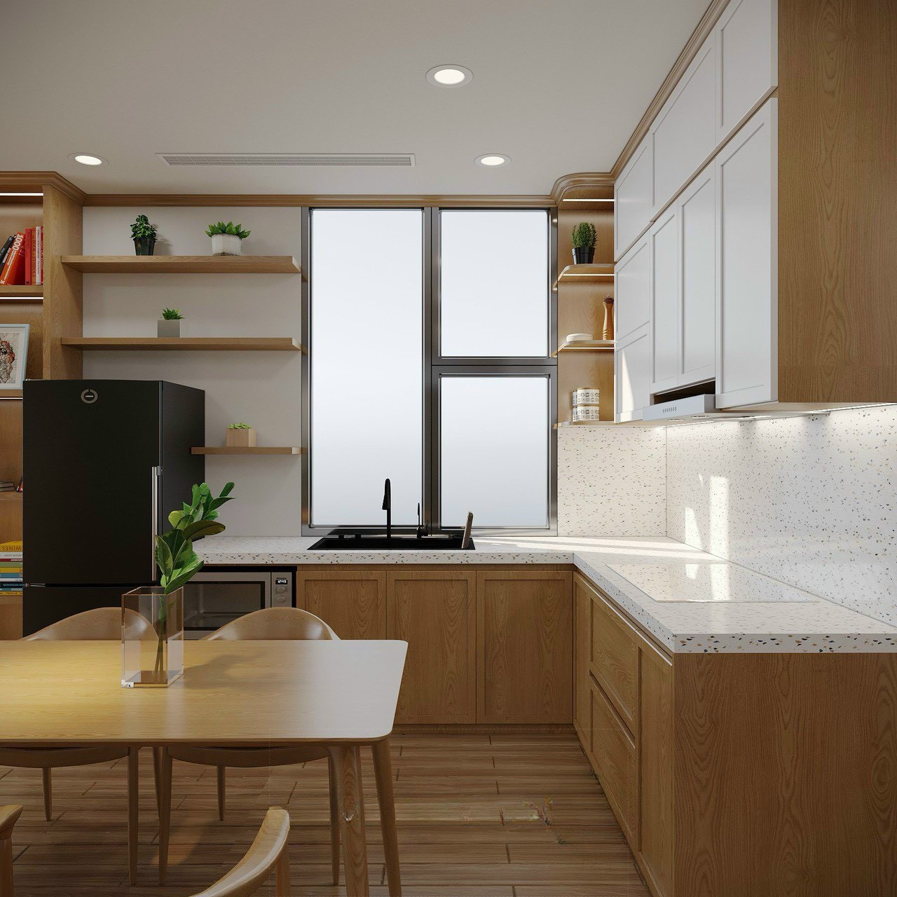 Tủ bếp Shaker trắng kết hợp gỗ sồi – mặt đá terrazzo trắng hạt đen Times City Park Hill