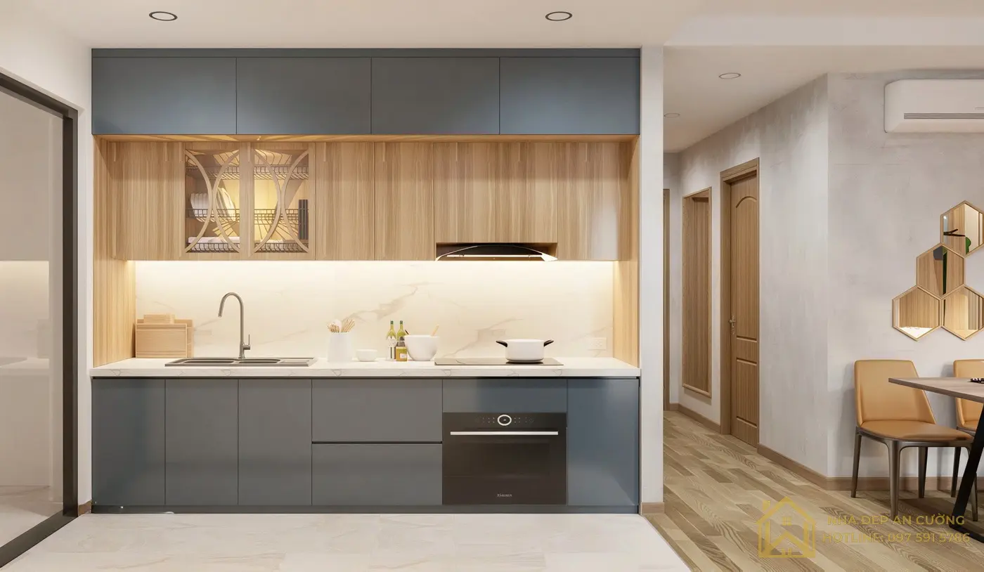 Tủ bếp xanh xám kết hợp gỗ tự nhiên thi công nội thất căn hộ Gamuda The One Hà Nội